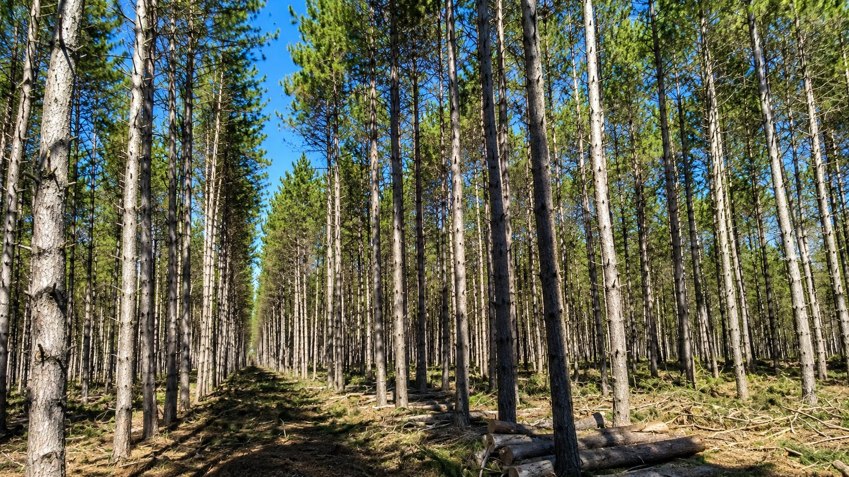 Managed rows of pine in a softwood stand
