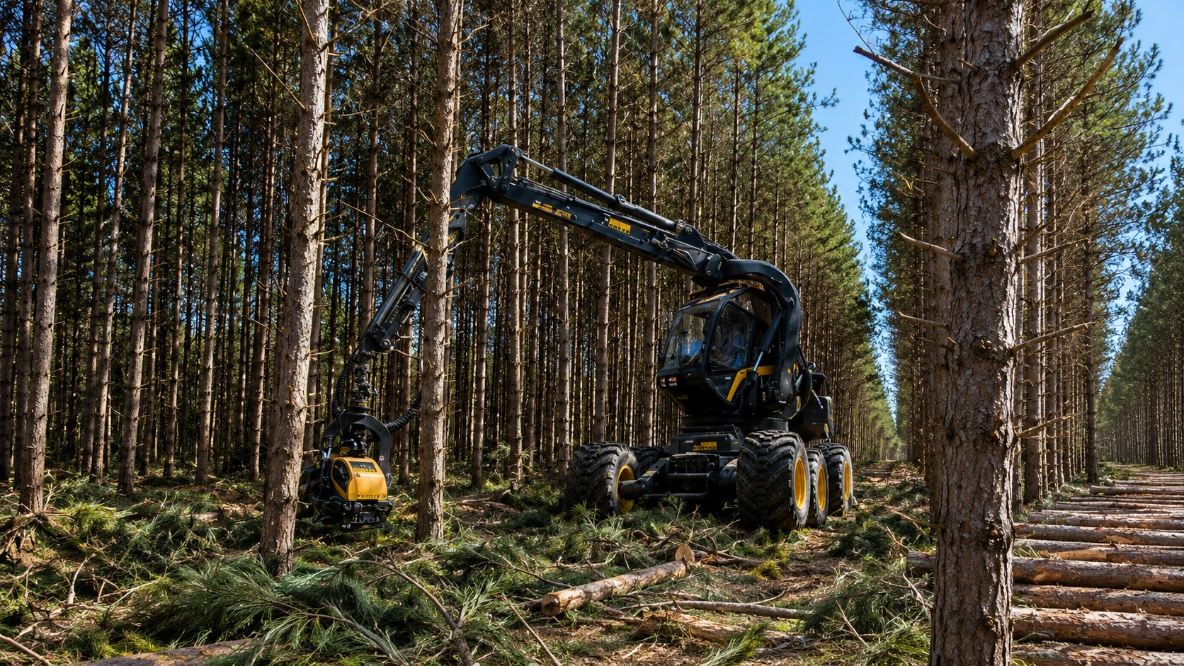 Selective softwood harvesting in established rows